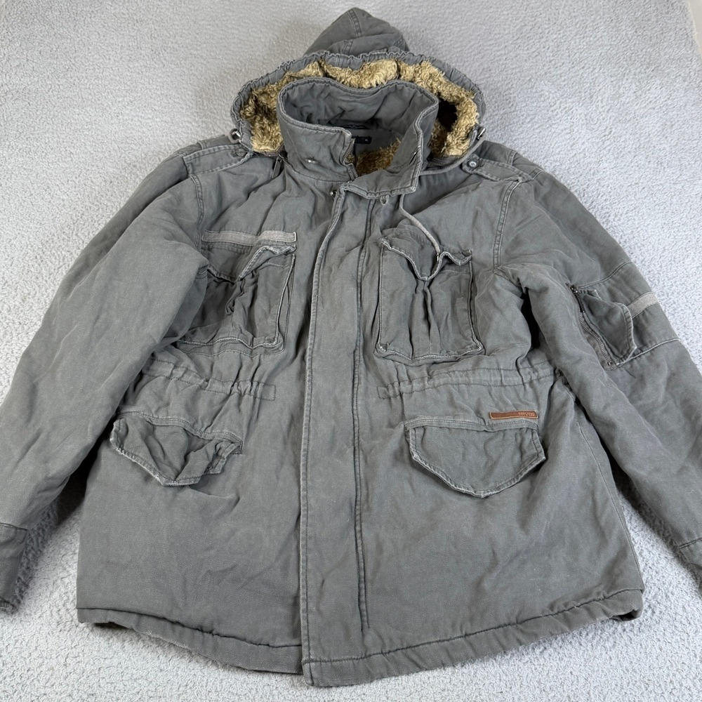 Marc Ecko Jacket Men XL Gray Hooded Faux Shearling Lined Canvas Parka Streetwear